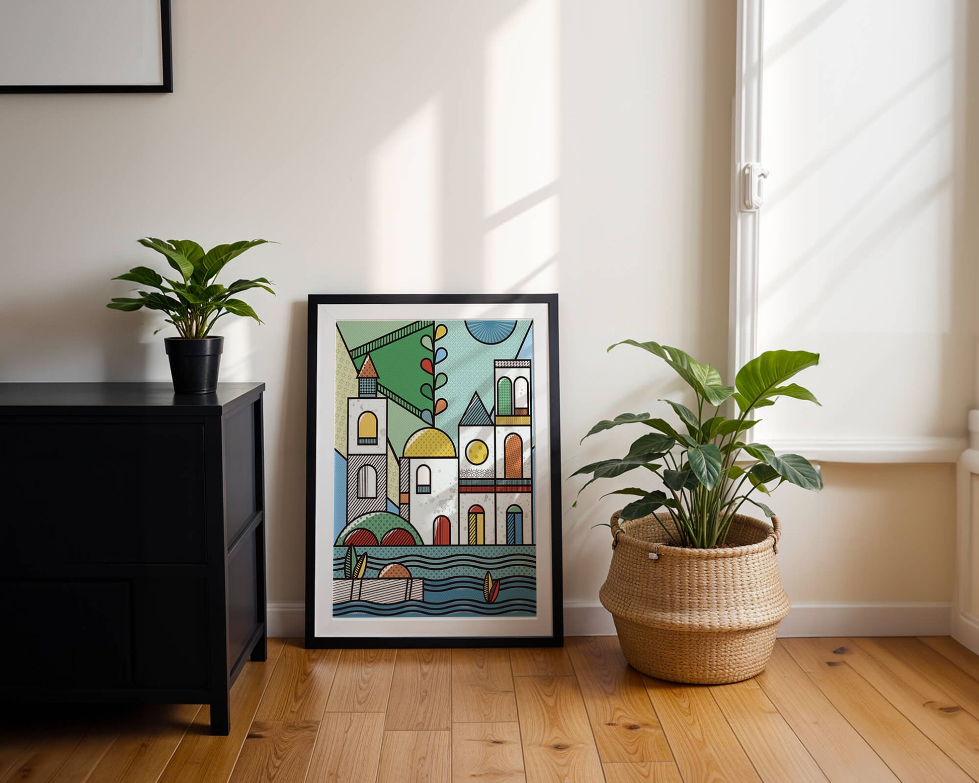 Paysage urbain géométrique coloré avec des éléments architecturaux modernes