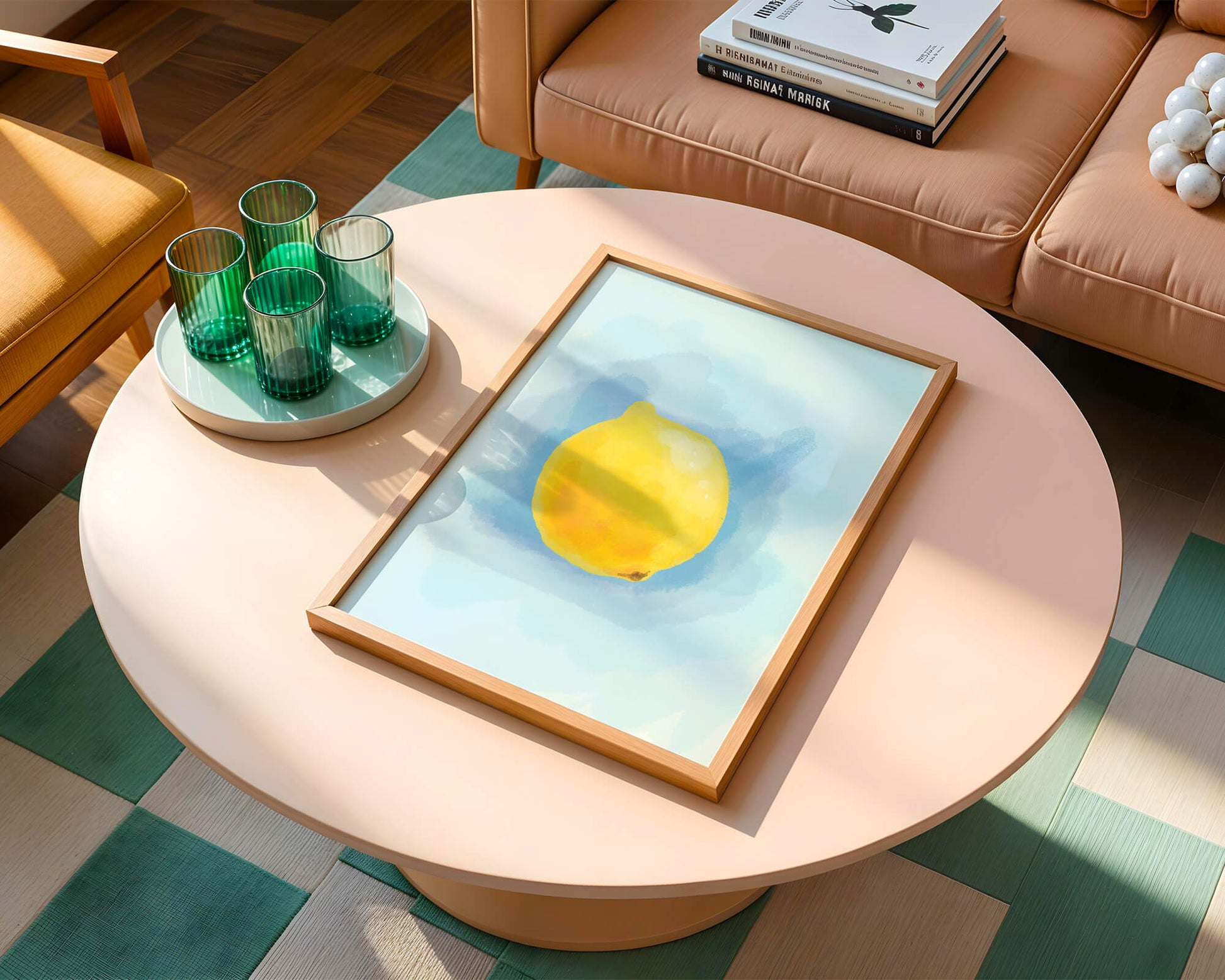 Watercolor artwork of a lemon on a blue background