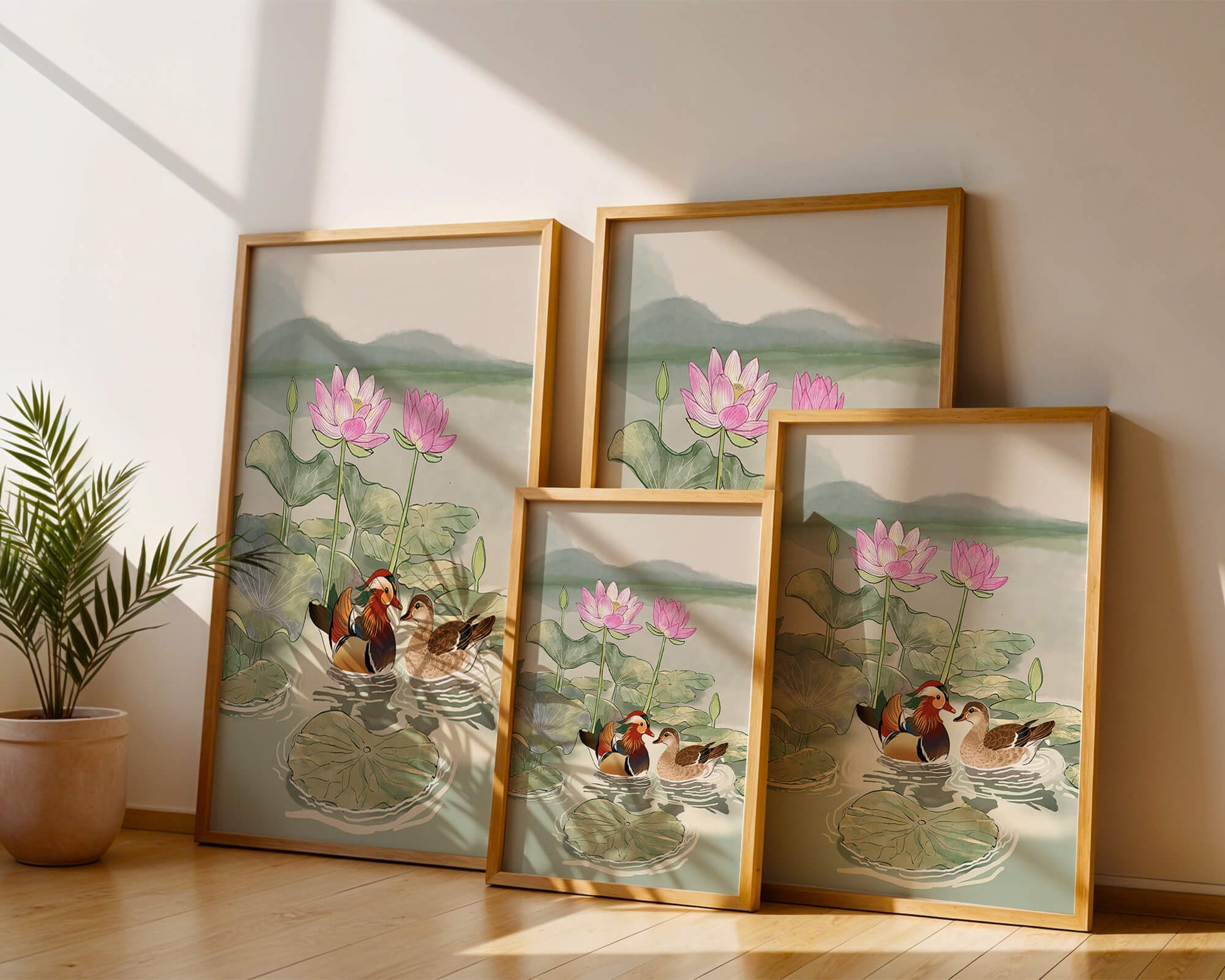 Patos mandarines y flores de loto en un estanque tranquilo