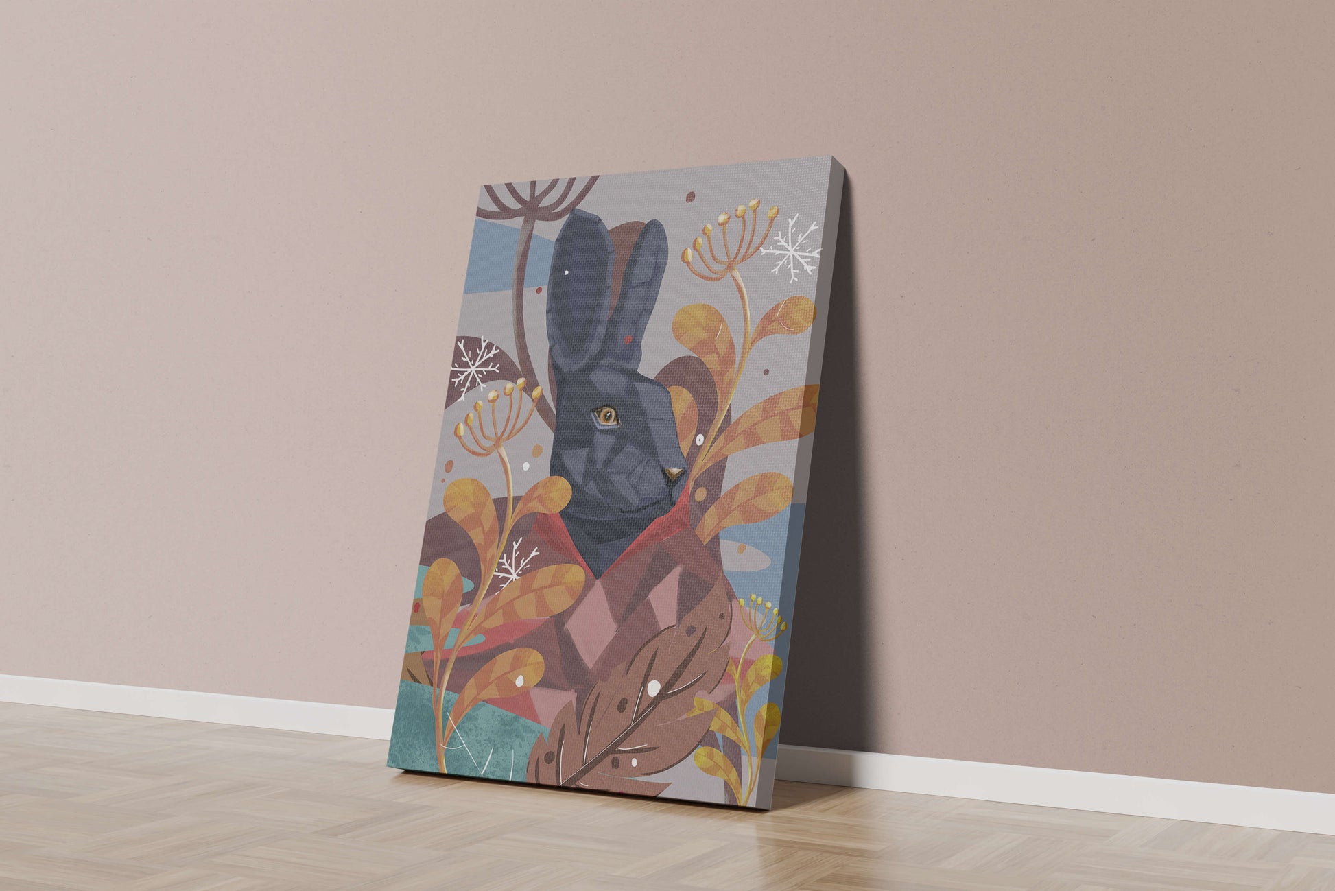 Abstract geometric rabbit in a vibrant autumn floral setting
