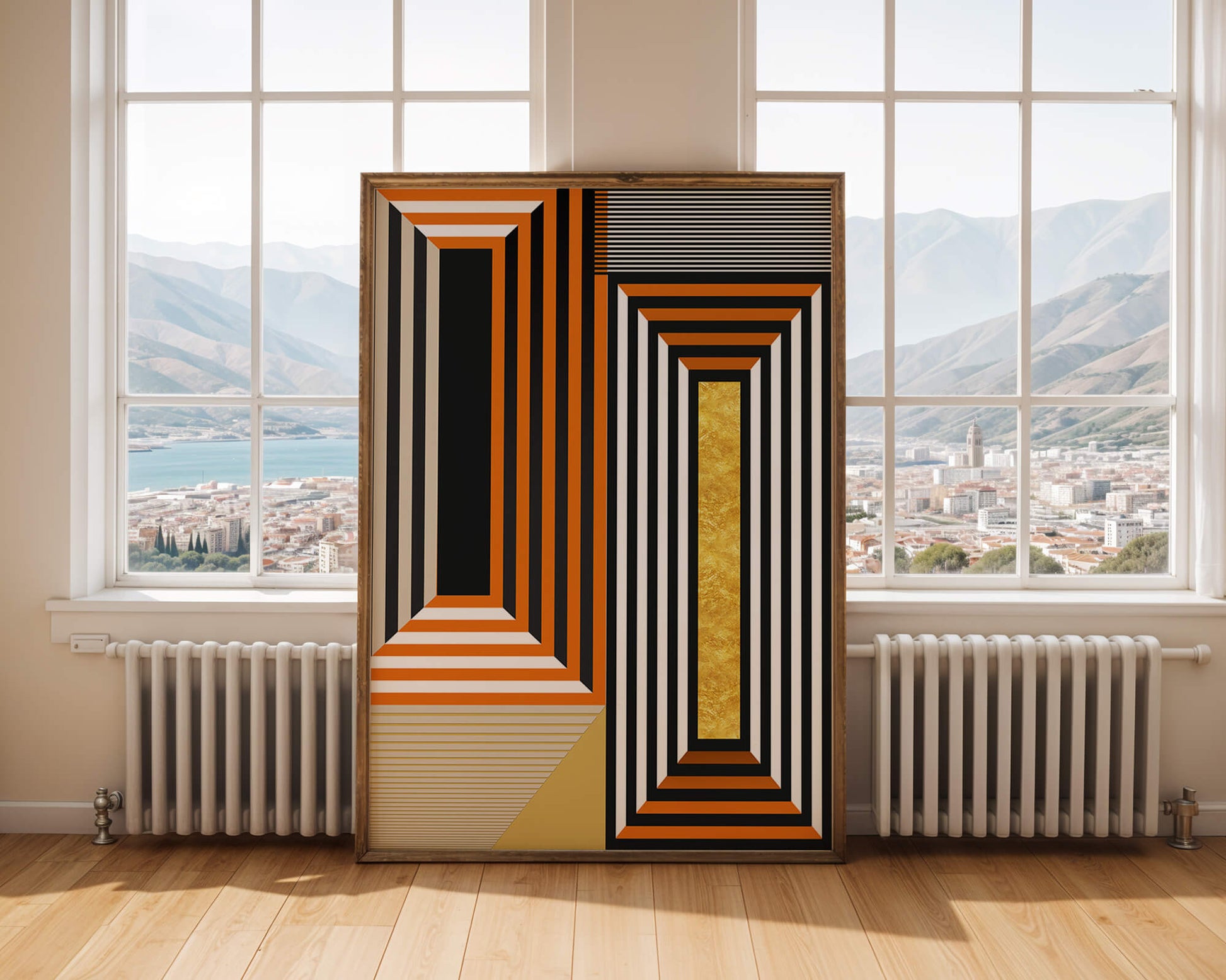 Geometric Abstract Art with Stripes and Gold Element in Orange, Black, and White