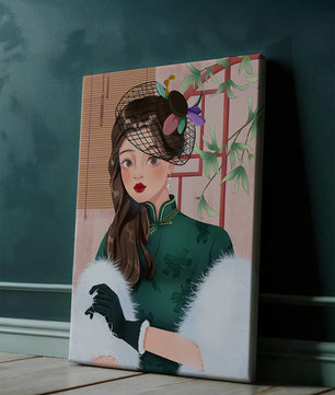 Elegant woman in vintage attire with netted hat and floral elements