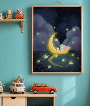 Whimsical night scene with child and cat on crescent moon