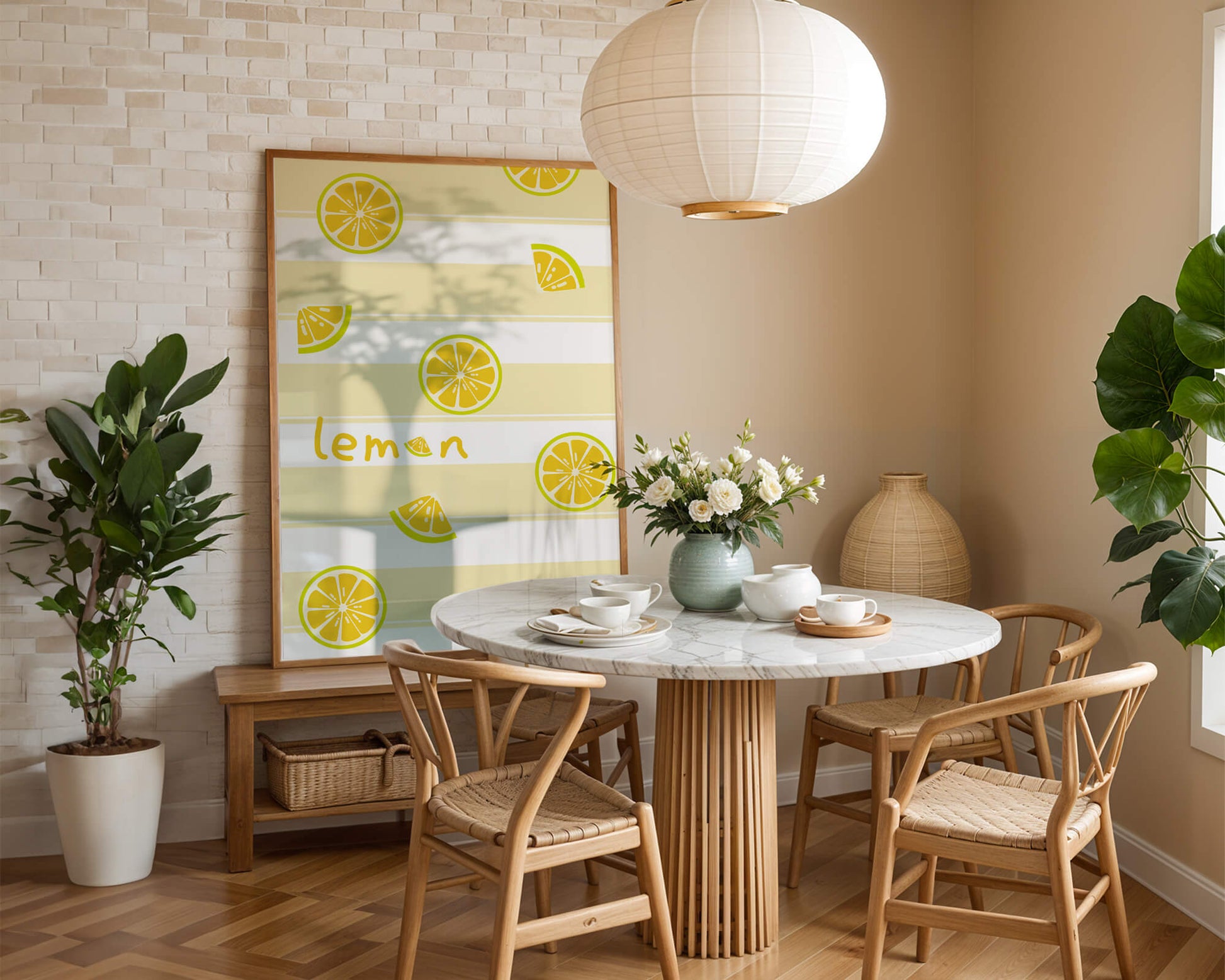 Yellow lemon slices pattern with bold stripes