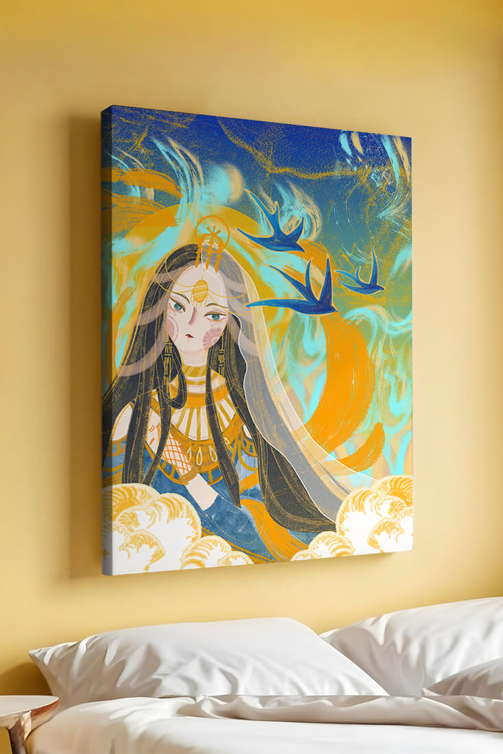 Majestic Goddess with Birds and Golden Elements in Mystical Setting