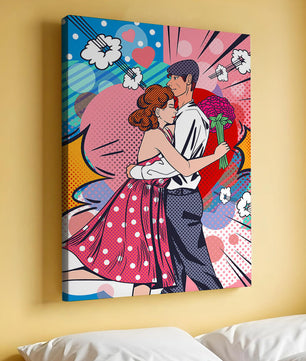 Pareja abrazándose en estilo pop art con un fondo colorido