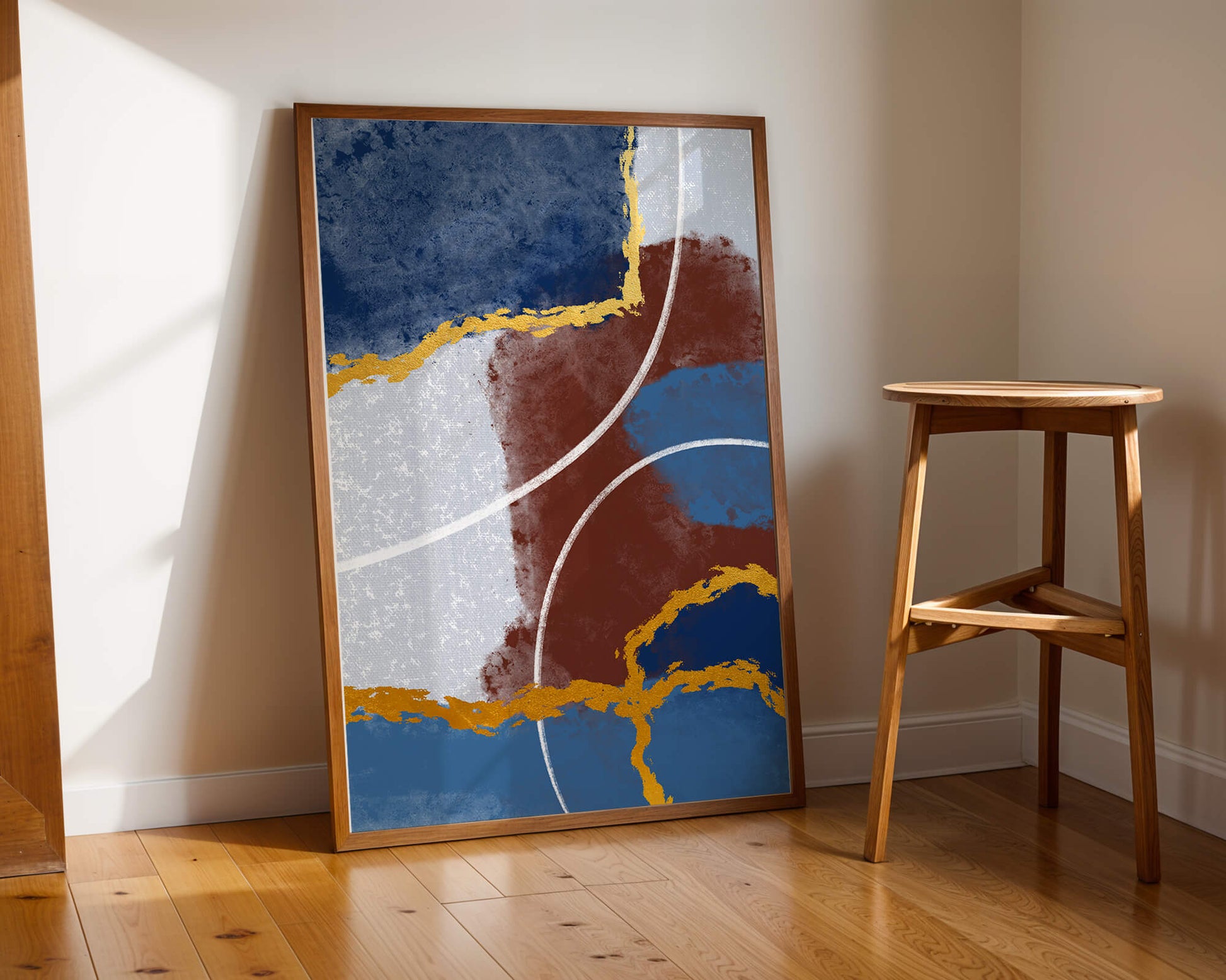Abstract painting with gold accents and geometric elements