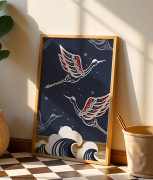 Illustrative cranes flying over ocean waves with dark background