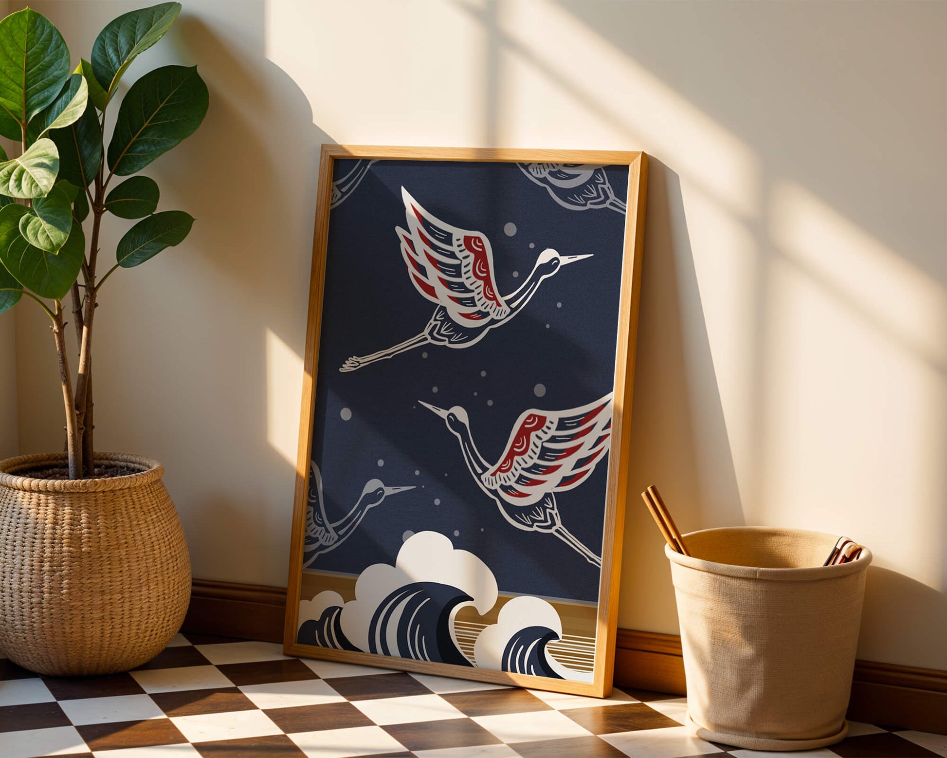Illustrative cranes flying over ocean waves with dark background