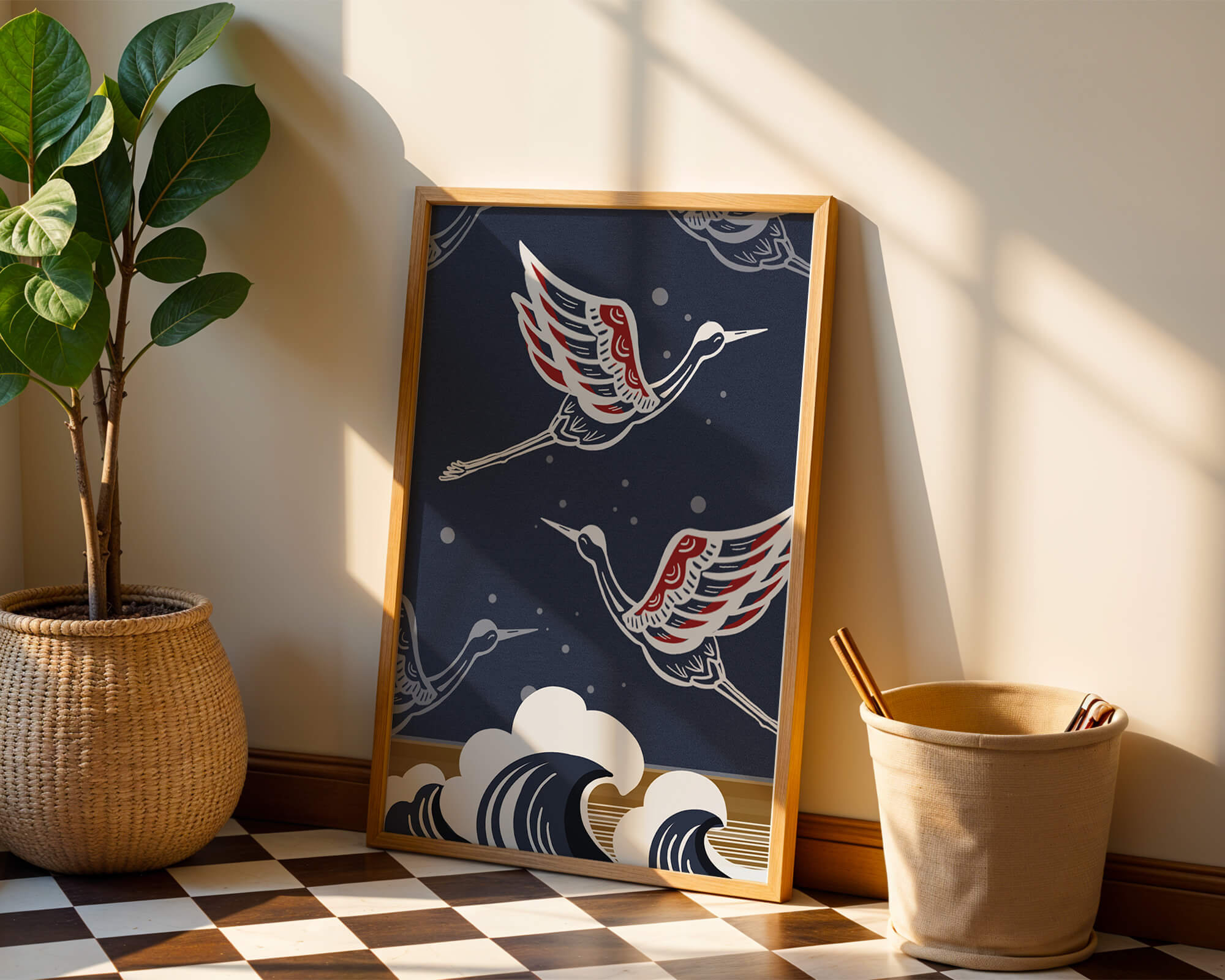 Illustrative cranes flying over ocean waves with dark background