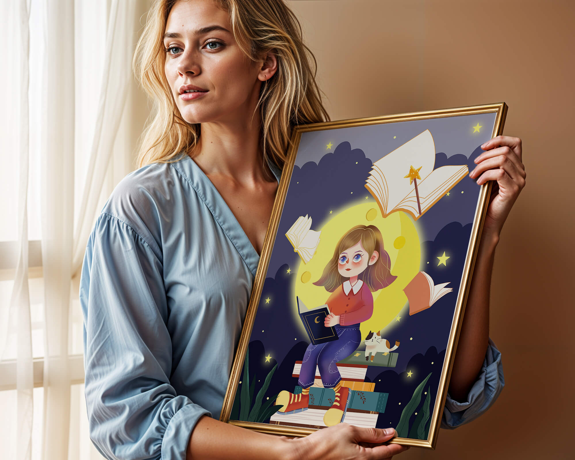 Illustration of a girl reading books under a starry night sky