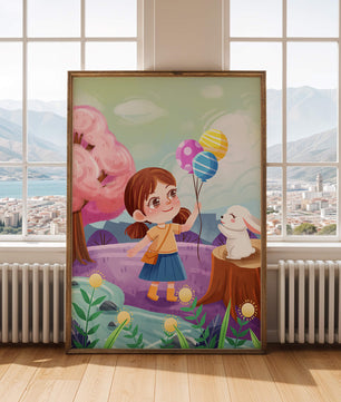 Charming Landscape with Girl Holding Balloons and White Bunny in Enchanted Forest