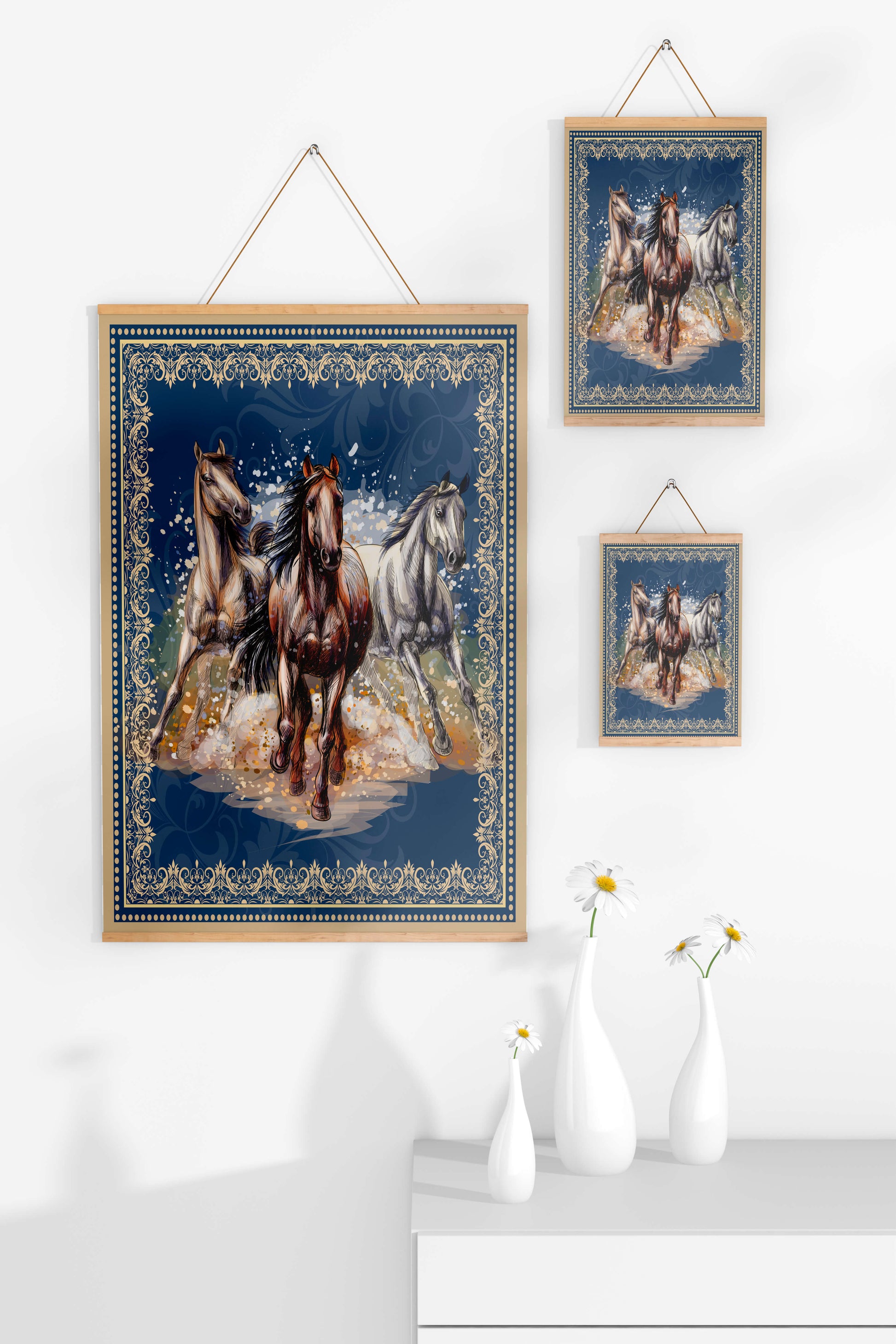 Running horses framed with elegant golden border on a blue background