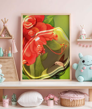 Vibrant floral illustration with hummingbird and lush greenery