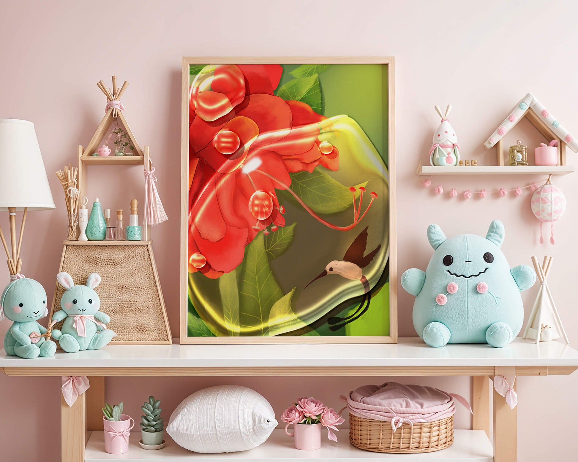 Vibrant floral illustration with hummingbird and lush greenery