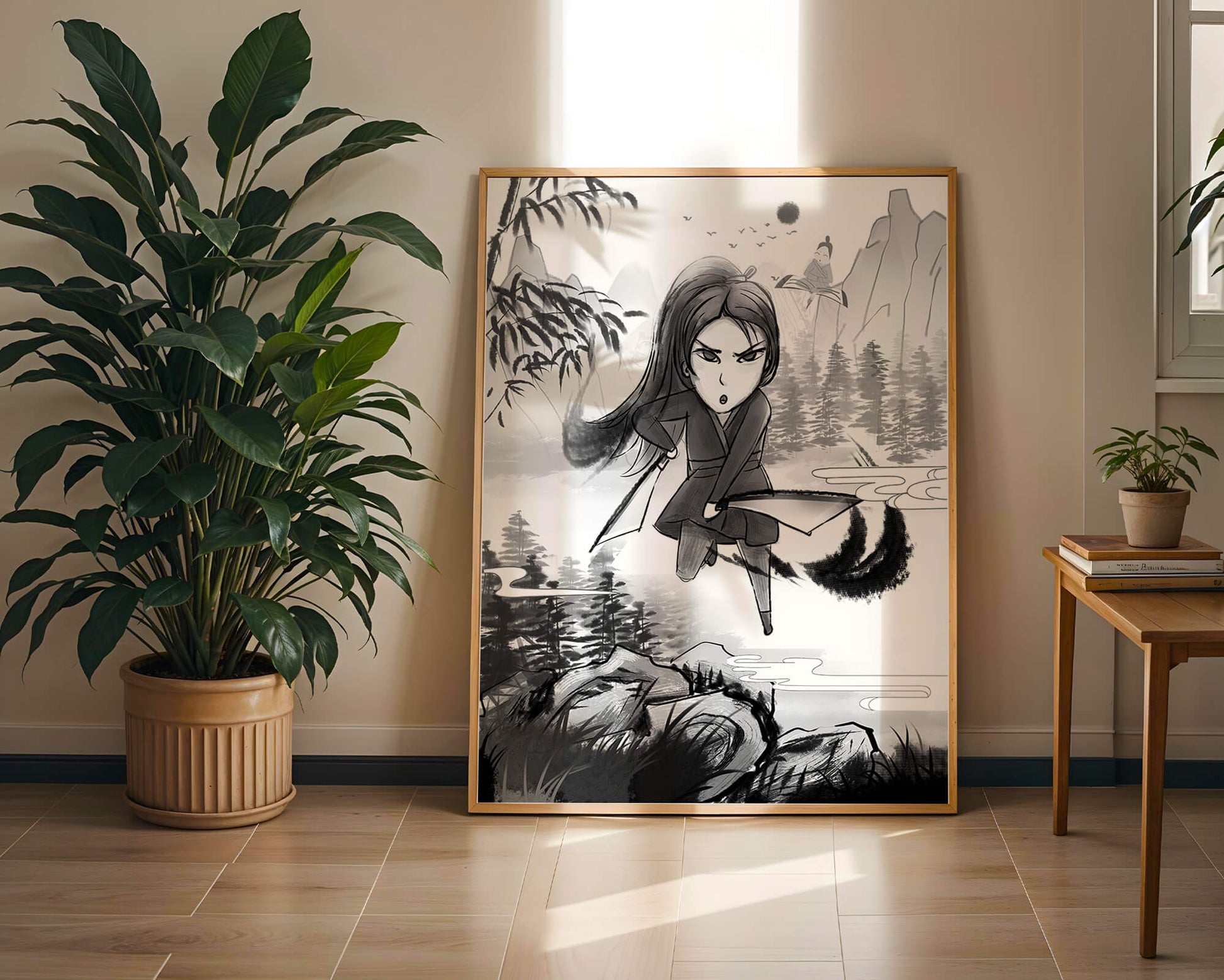Warrior In A Mystical Landscape With Mountains And Rivers
