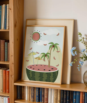Summer Paradise with Watermelon Sun and Palms in Surreal Landscape