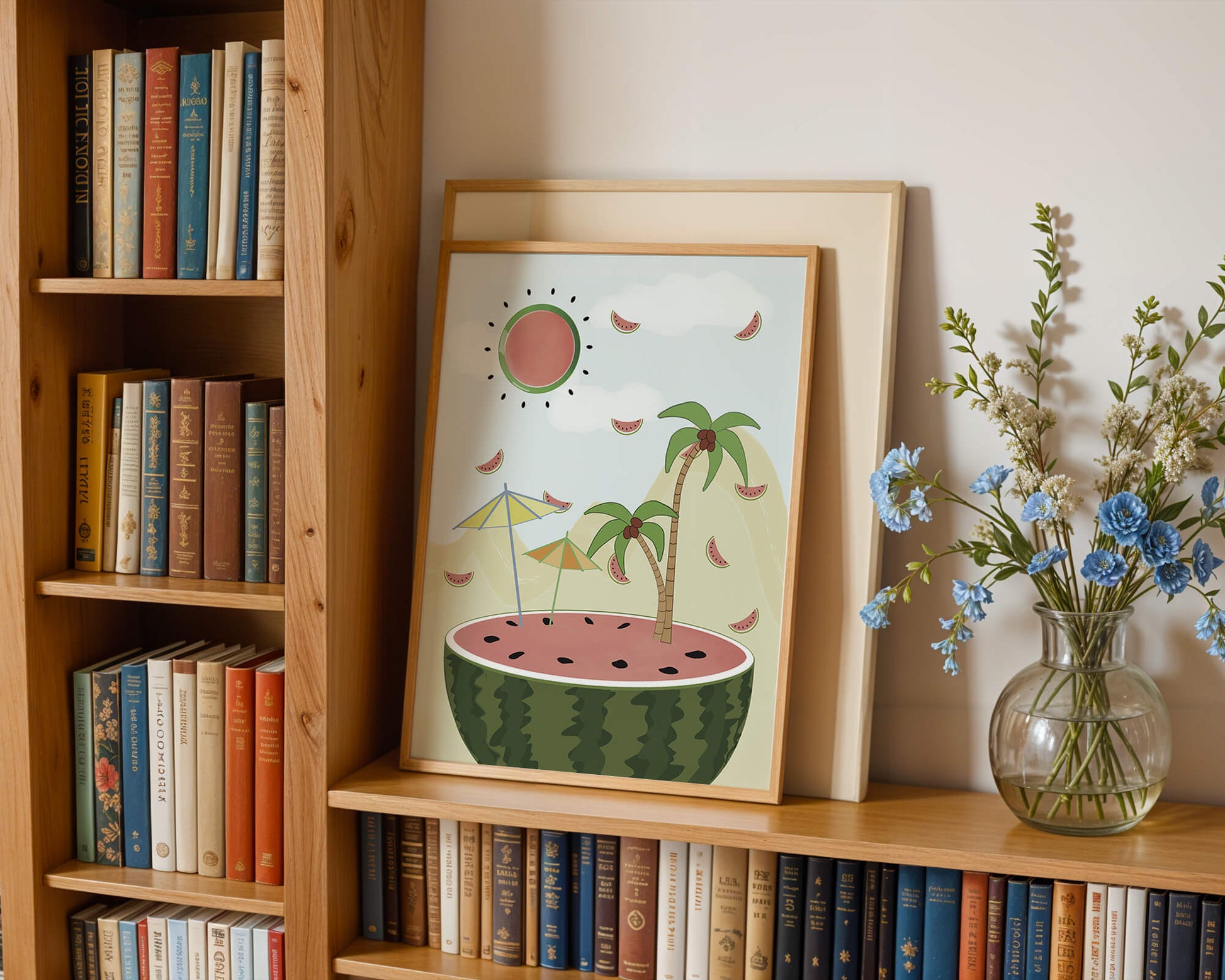 Summer Paradise with Watermelon Sun and Palms in Surreal Landscape