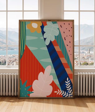 Abstract floral geometric design with vibrant colors and bold patterns