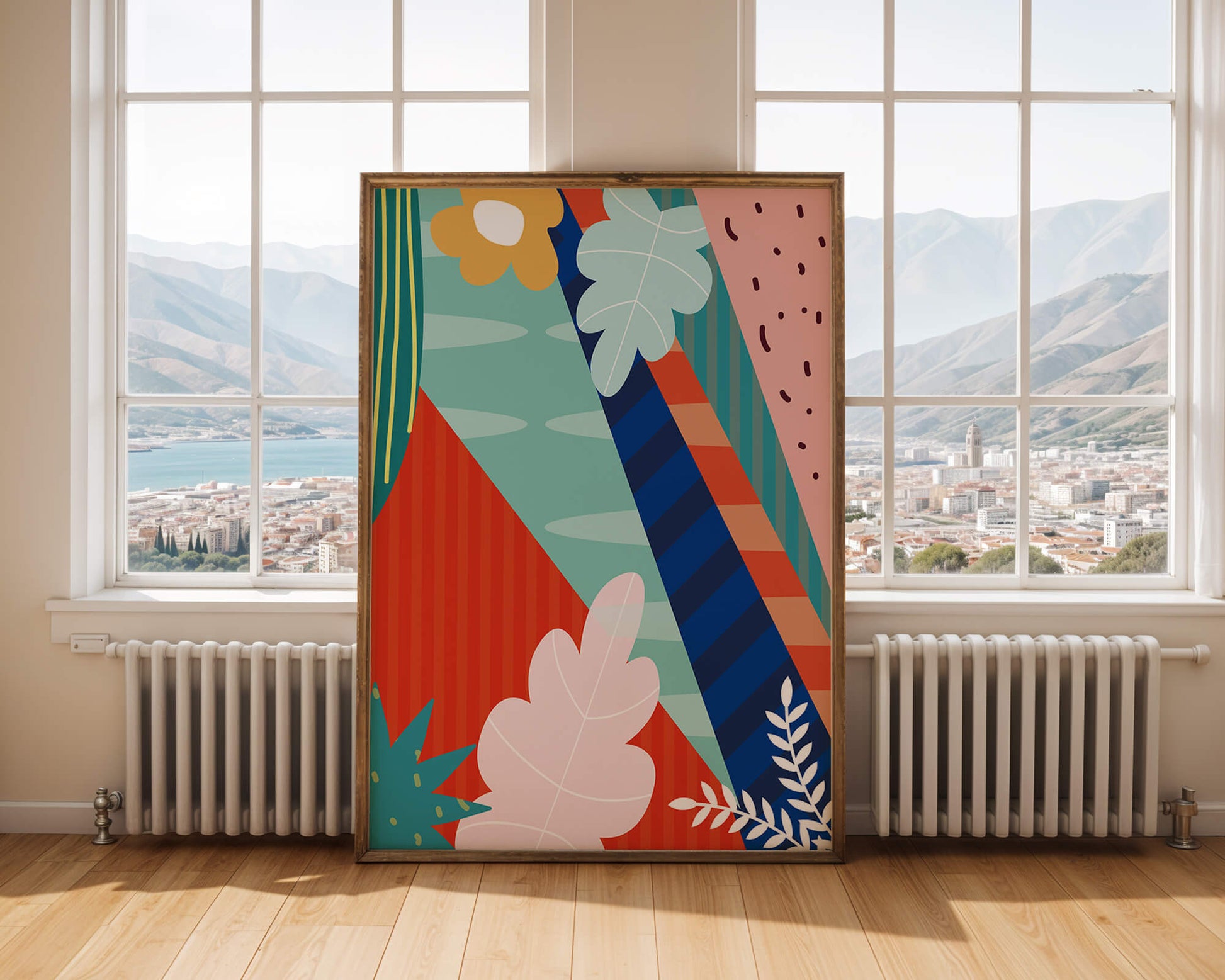 Abstract floral geometric design with vibrant colors and bold patterns