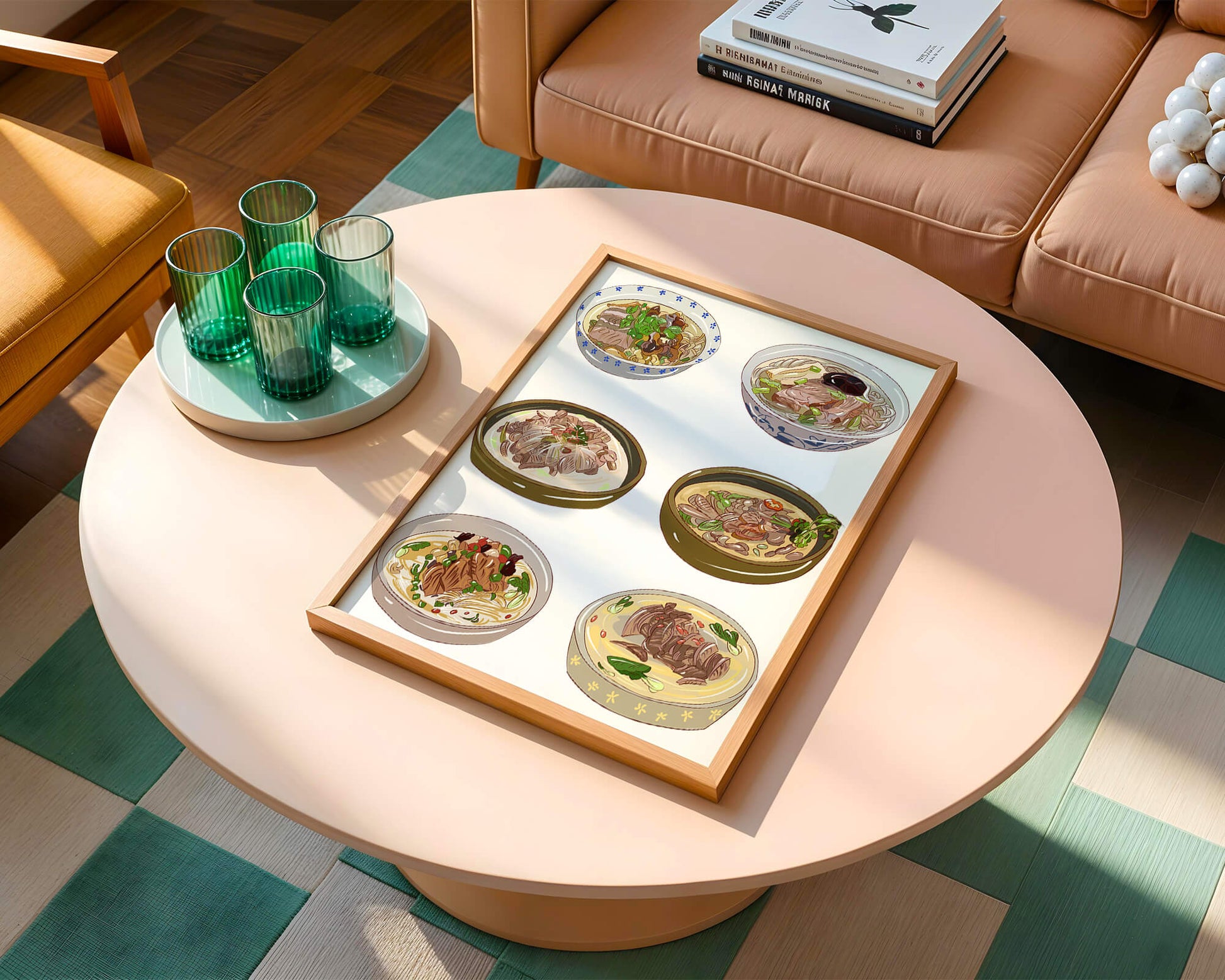 Illustrated bowls of Asian noodle soups with herbs and vegetables