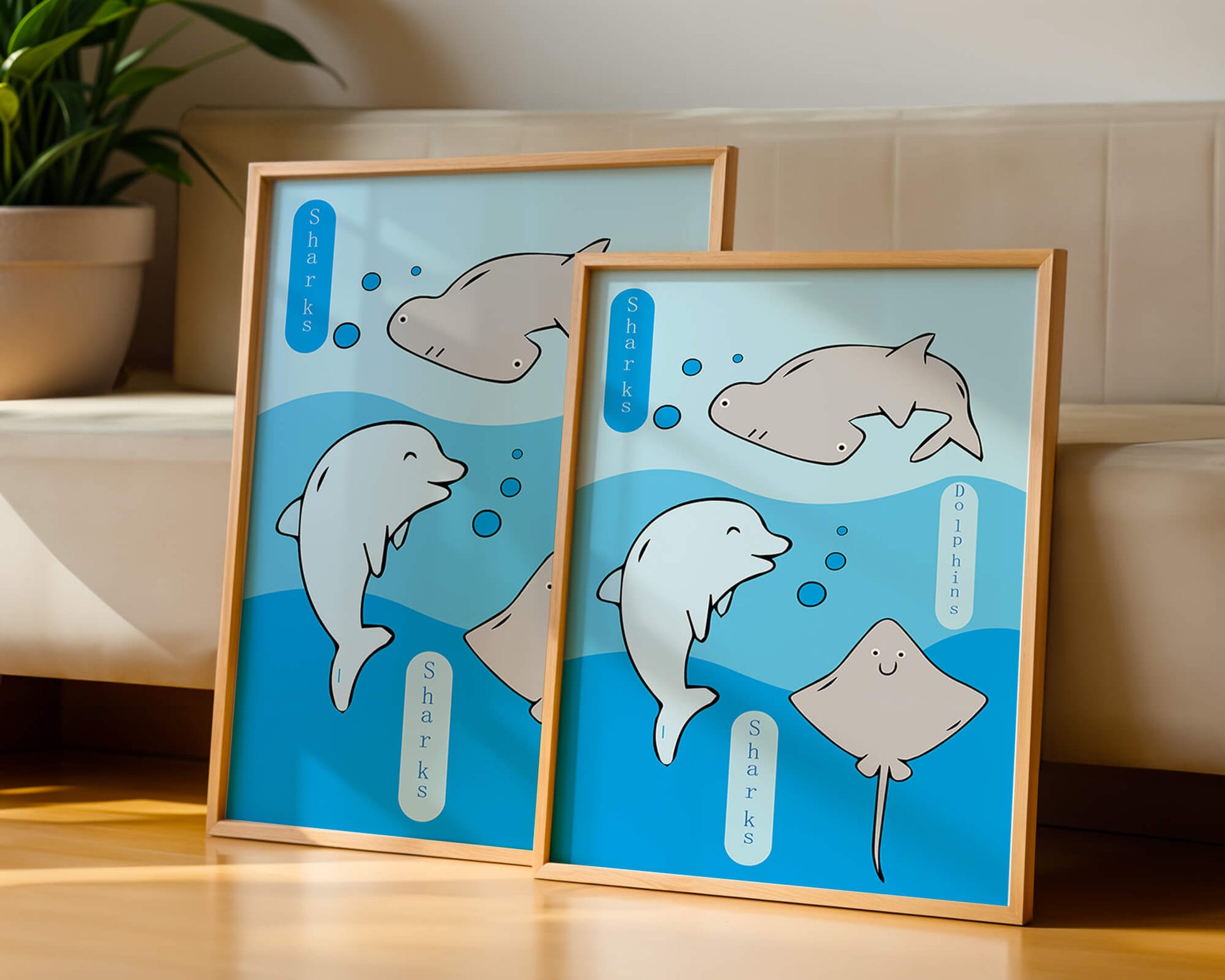 Cartoon sea animals illustration with shark, dolphin, and stingray