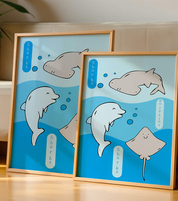 Cartoon sea animals illustration with shark, dolphin, and stingray