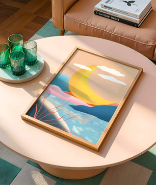 Abstract Landscape with Yellow Crescent and Pastel Colors