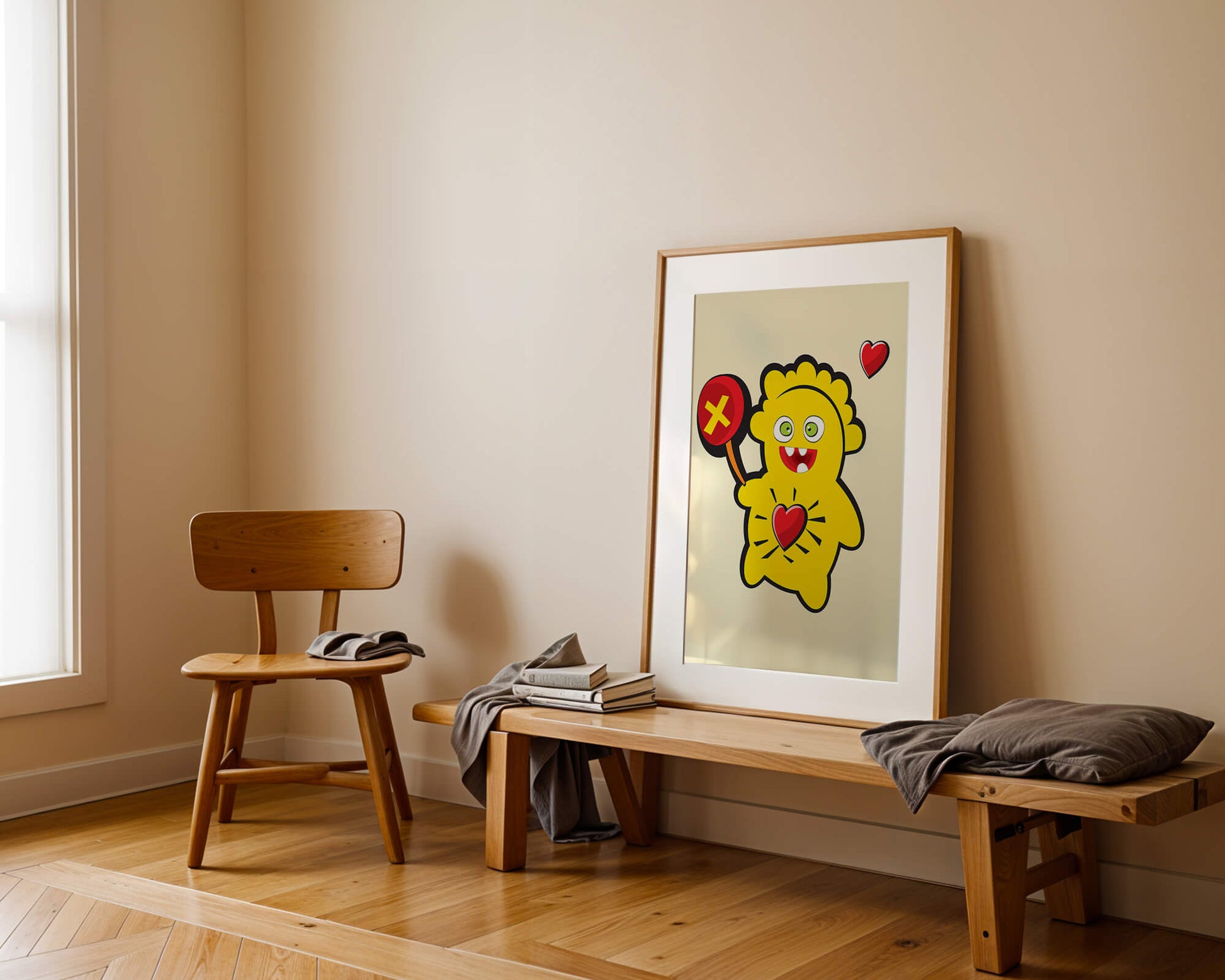 Colorful cartoon character with heart and playful design