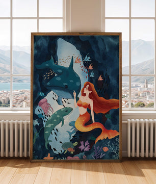 Underwater scene with a mermaid interacting with sea creatures in a vibrant ocean cave