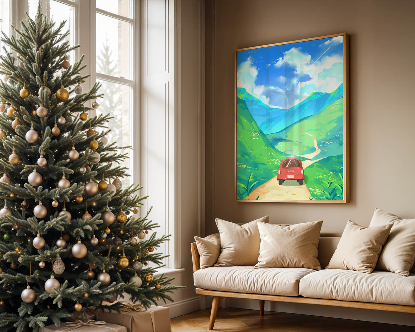 Red Car on a Scenic Road Through Green Hills Under a Vibrant Blue Sky