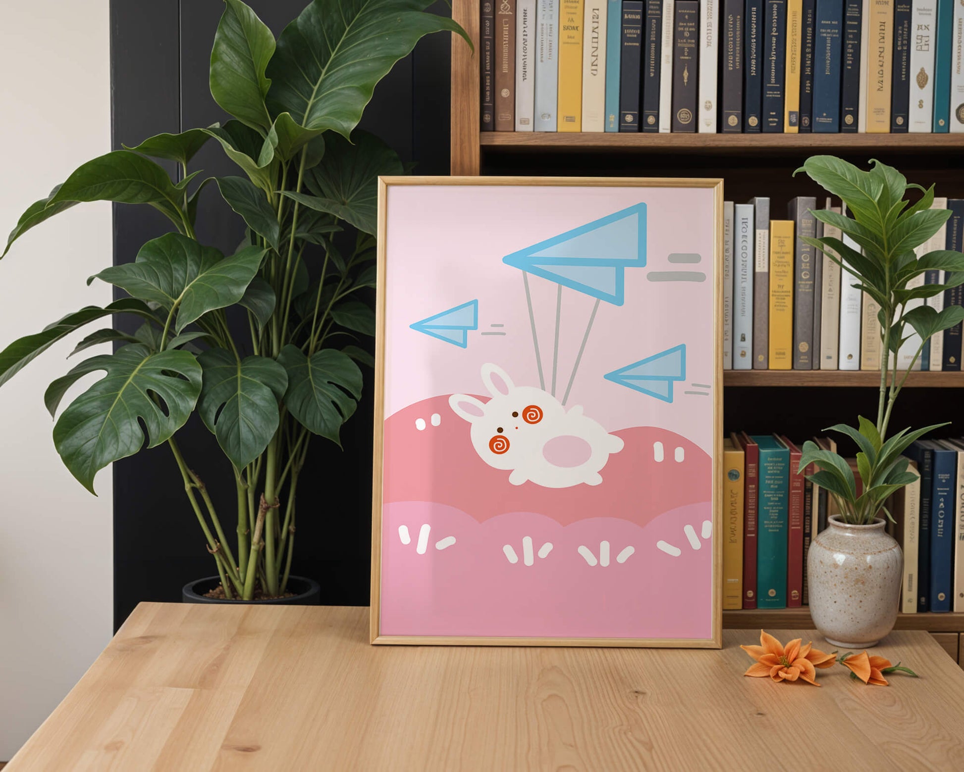 Adorable cartoon bunny flying with paper planes on a pink background