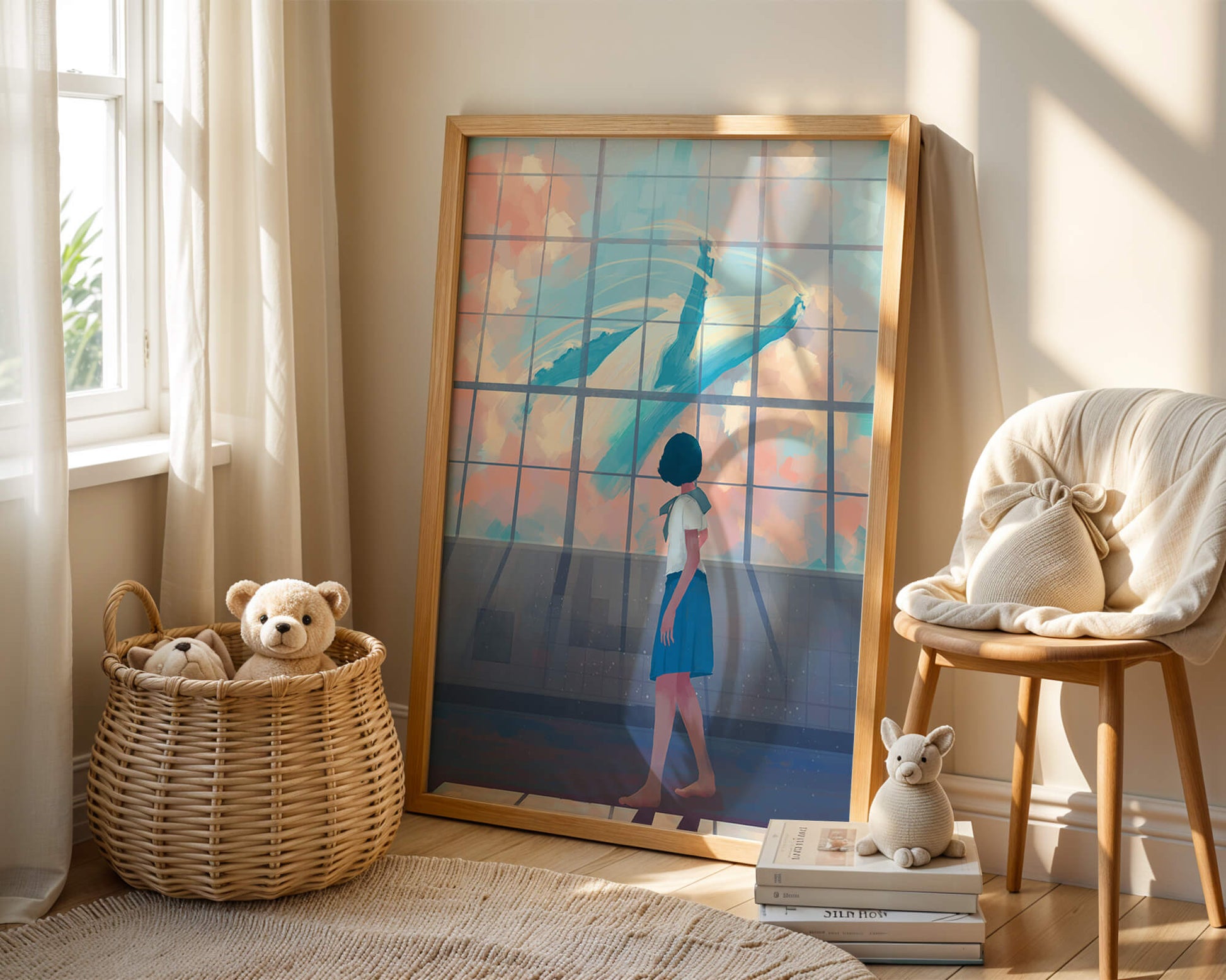 Young girl looking at a giant whale through a large window
