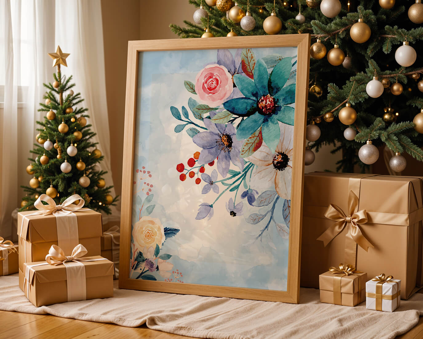 Ilustración floral acuarela con flores y hojas vibrantes