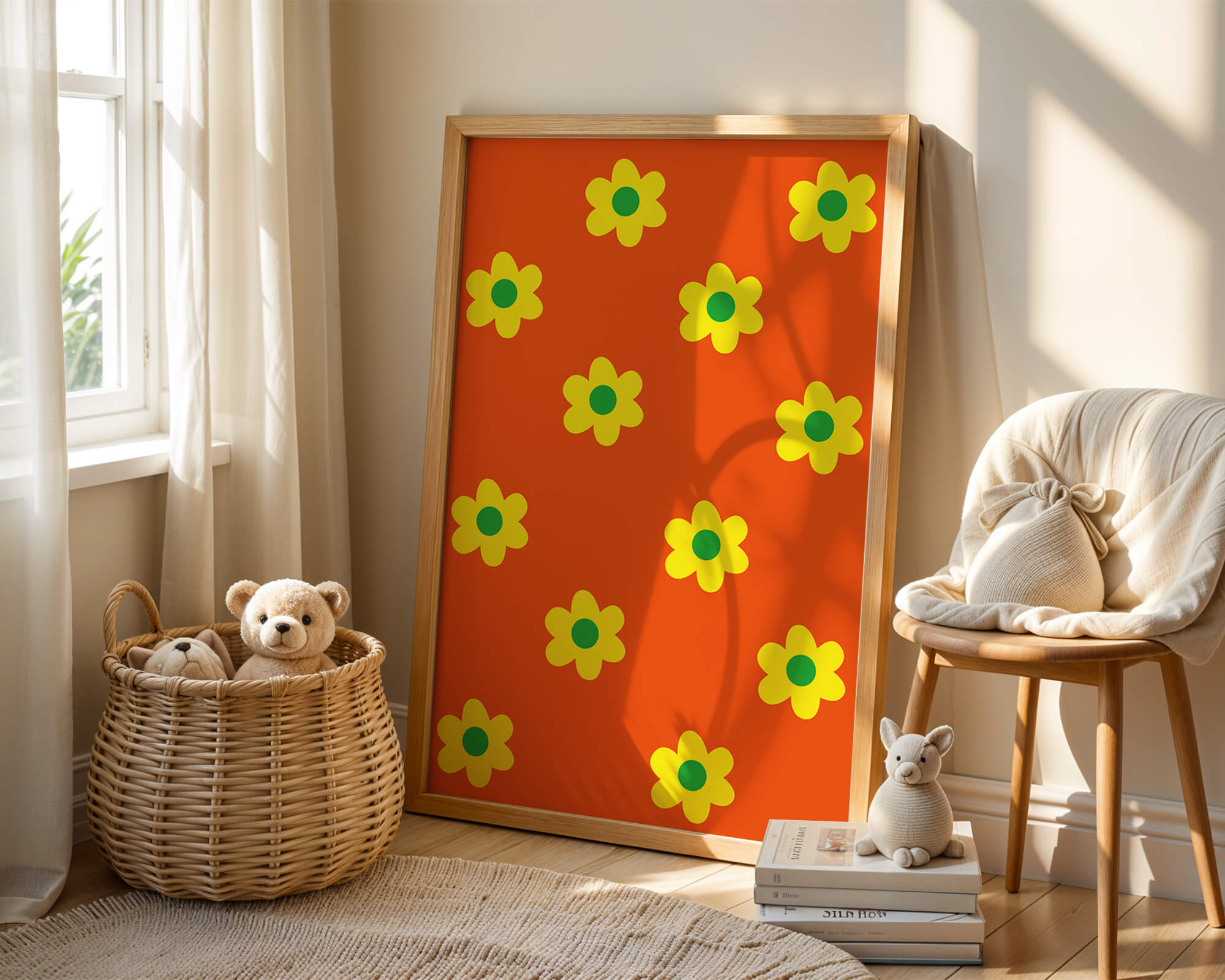 Colorful floral pattern with yellow flowers on orange background