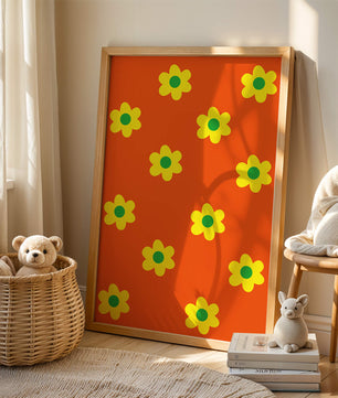 Buntes Blumenmuster mit gelben Blumen auf orangefarbenem Hintergrund