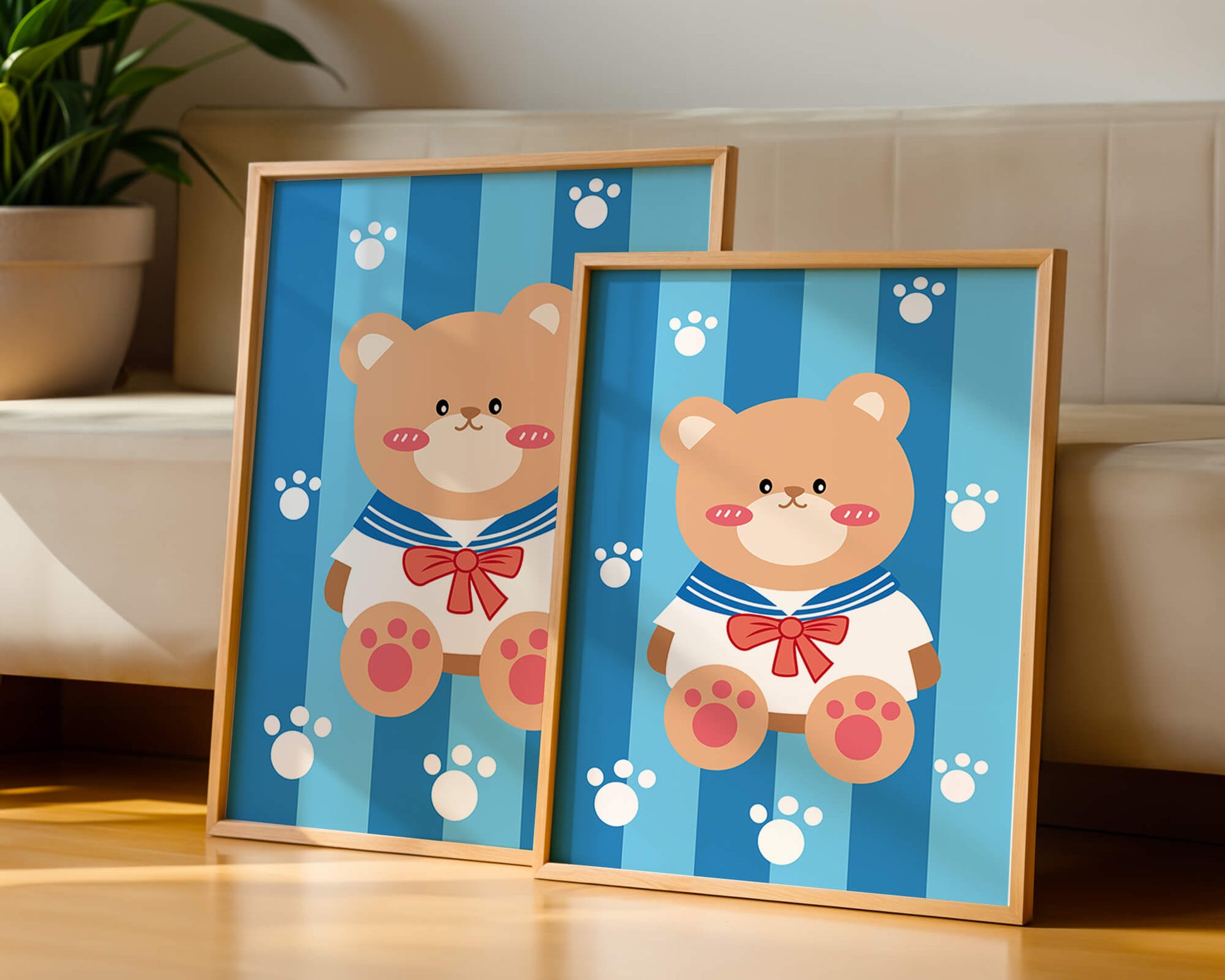 Adorable cartoon bear with sailor suit against striped background