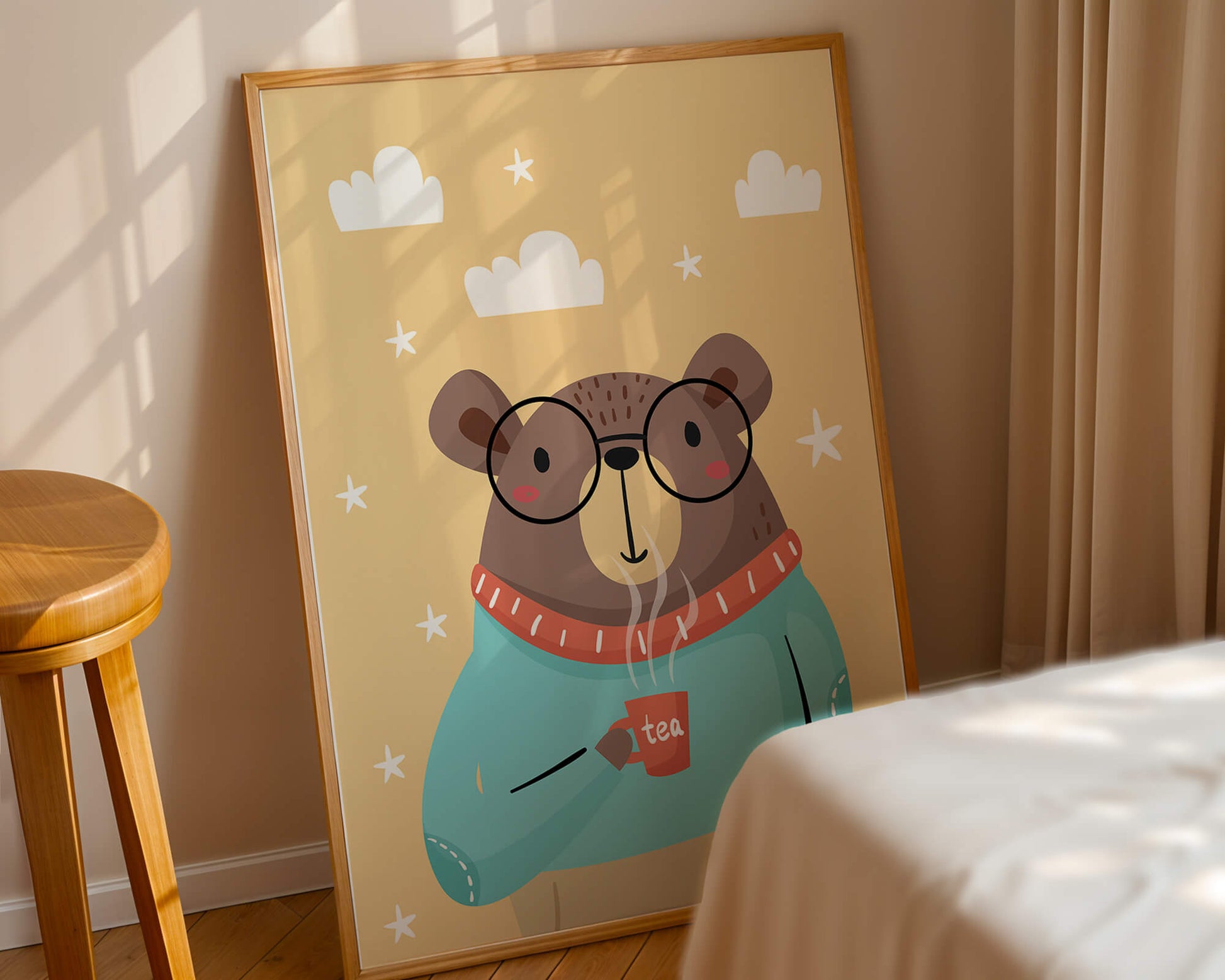 Illustration of a cozy bear enjoying tea with glasses