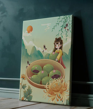 Charming Scene with Traditional Dress and Scenic Landscape Featuring Floral Elements and Birds