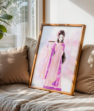 Illustration élégante à l’aquarelle d’une femme traditionnelle en tenue rose