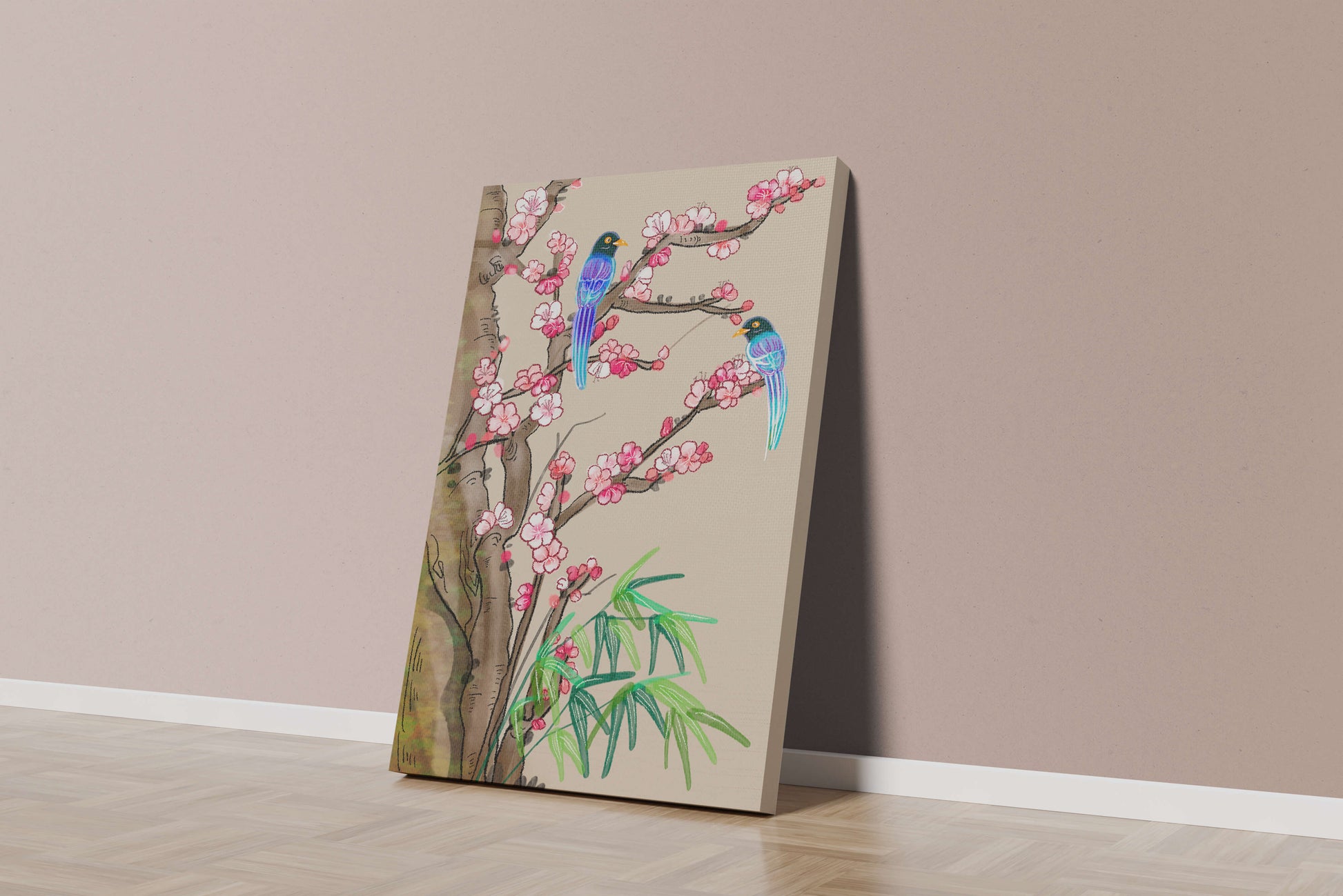 Illustration sereine d’oiseaux sur des branches en fleurs avec des feuilles de bambou