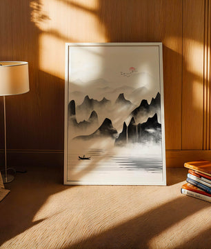Peaceful mountain landscape with mist and rising sun