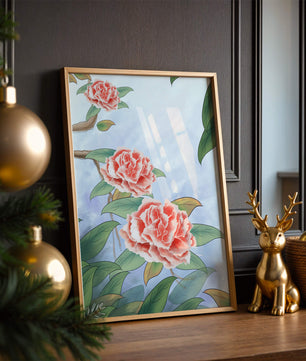 Illustrated pink carnations with green leaves in serene botanical art