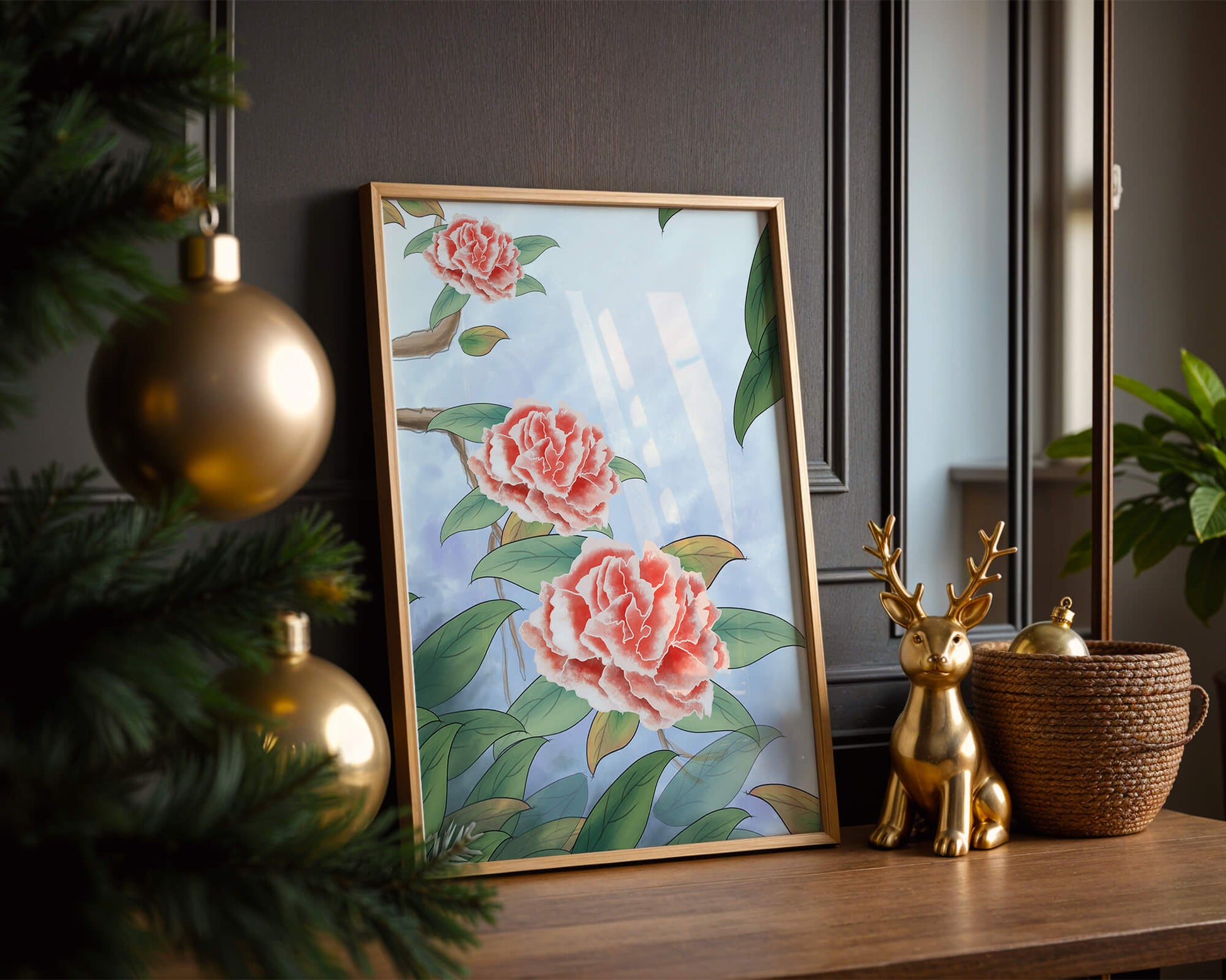Illustrated pink carnations with green leaves in serene botanical art