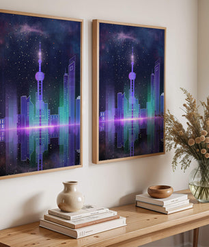 Futuristische Skyline mit leuchtenden Türmen unter sternenklarer Nacht