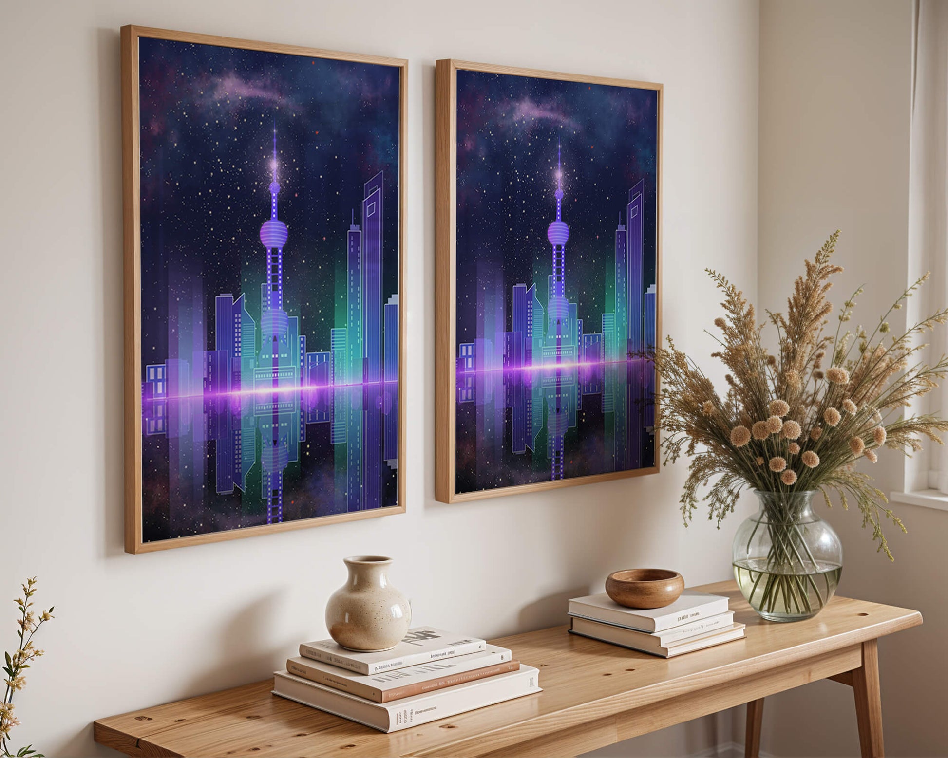 Futuristische Skyline mit leuchtenden Türmen unter sternenklarer Nacht