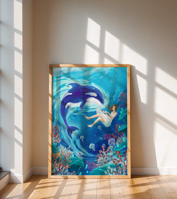 Underwater fantasy scene with a playful whale and a girl floating amidst coral and jellyfish