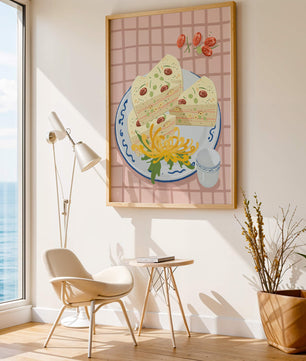 Illustration of layered cake on patterned plate with flowers and a cup