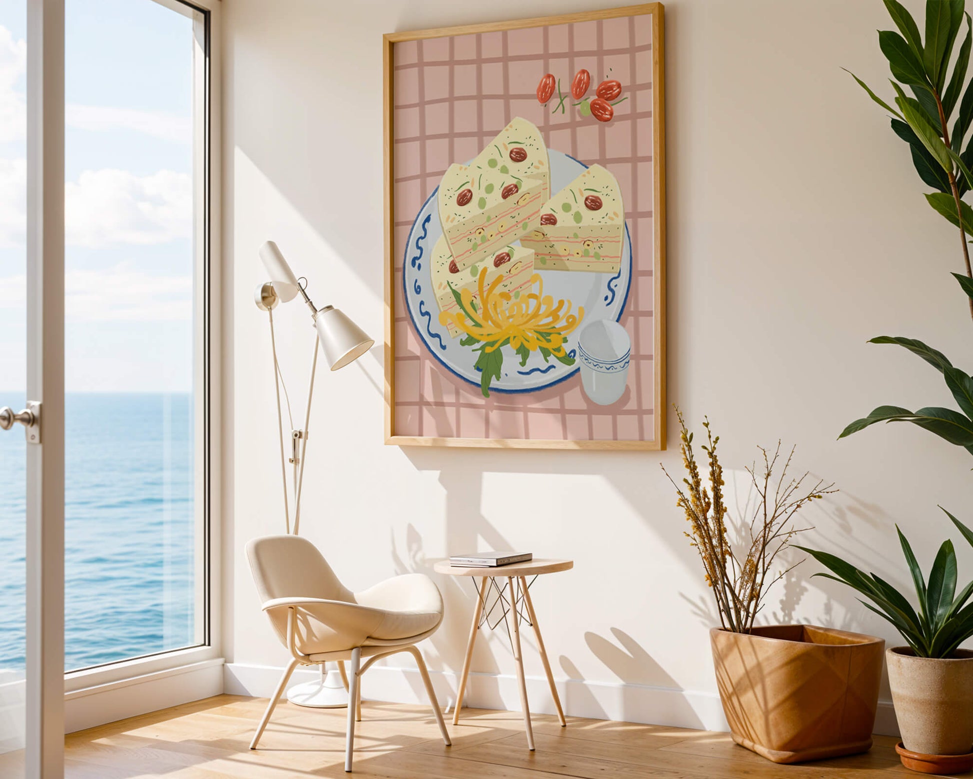 Illustration of layered cake on patterned plate with flowers and a cup