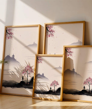 Paisaje sereno con árbol de cerezo y pagodas distantes